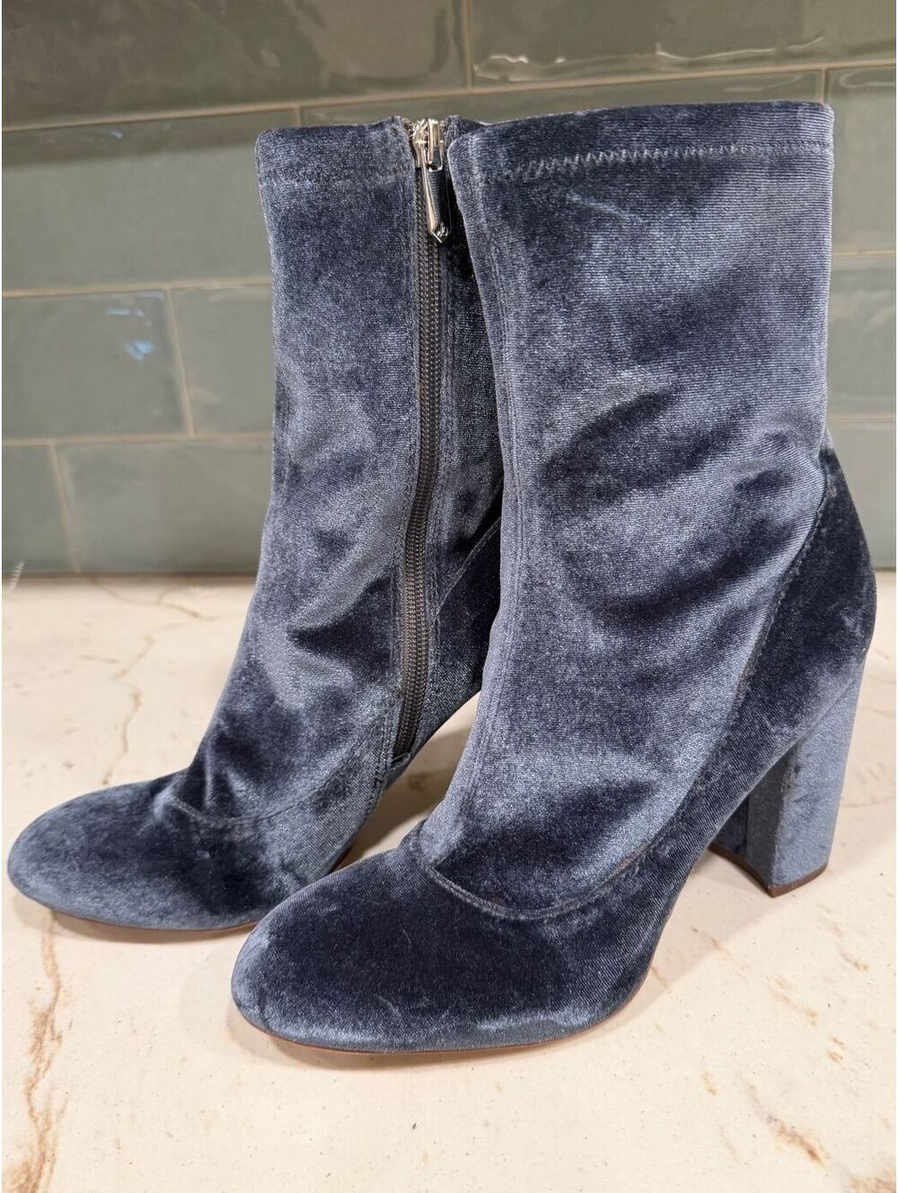 Sam Edelman Women's Calexa Velvet Sock Booties Blue Gray Block Heel Sz 8.5